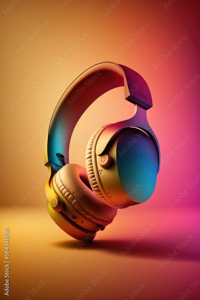 Close up of colorful headphones on yellow and pink background created using generative ai technology