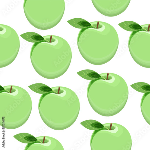 Seamless pattern of ripe green apples with leaves on a white background.Vector pattern for textiles,juice packs, backgrounds.