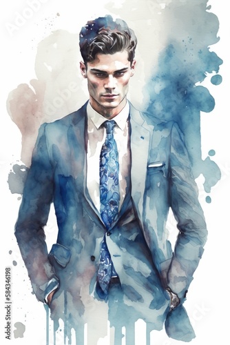 Watercolour portrait of handsome man in suit, created using generative ai technology