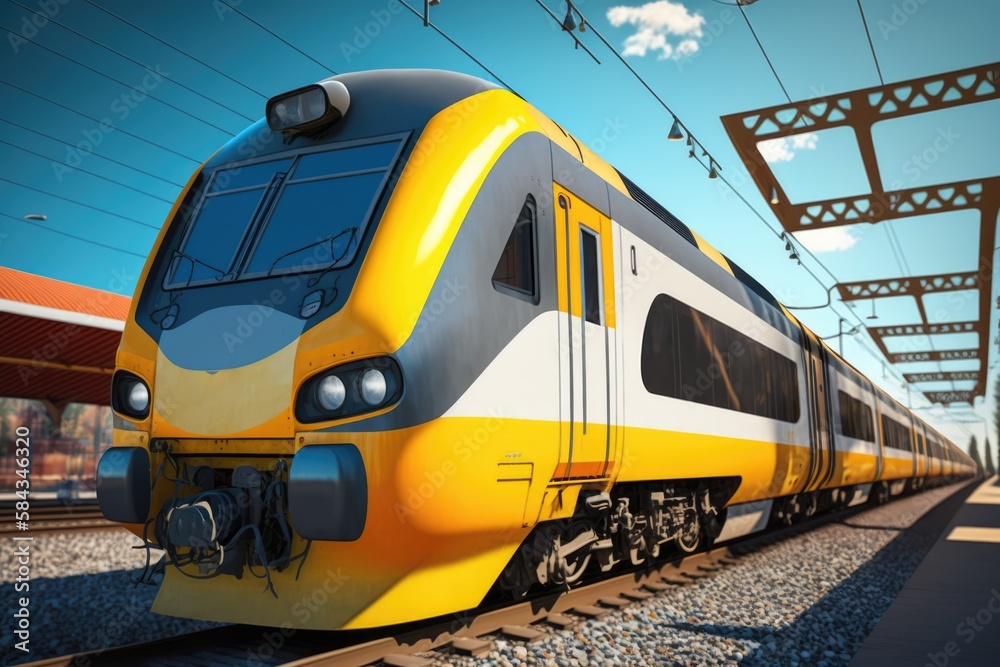Fototapeta premium Image of modern yellow train on tracks at station, created using generative ai technology