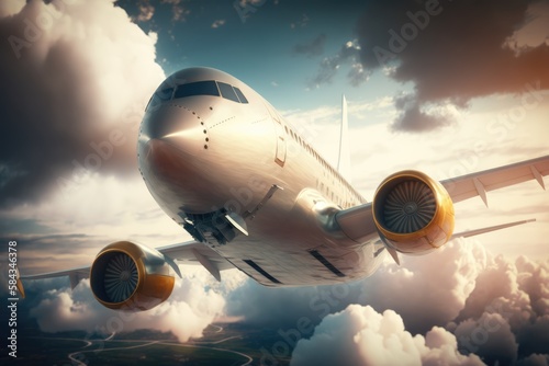 Passenger plane flying through cloudy sky using generative ai technology