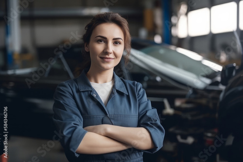 Portrait of a female mechanic working in a repair garage. Generative ai