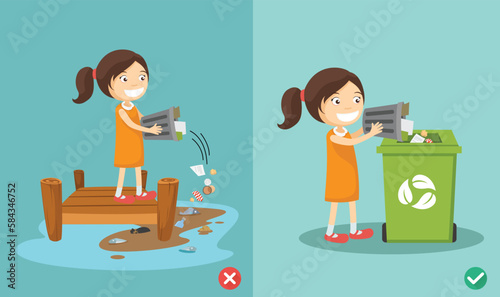 Do not throw littering on the floor.wrong and right.vector illustration