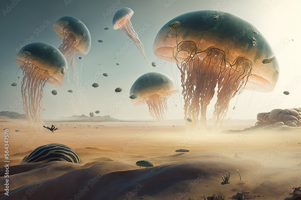 Herd of floating, jellyfish - like creatures grazing on the exotic ...