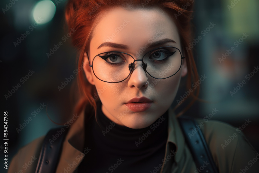Beautiful red-haired young woman in round eyeglasses. Woman esportswoman at geek convention. Photorealistic illustration generative AI.