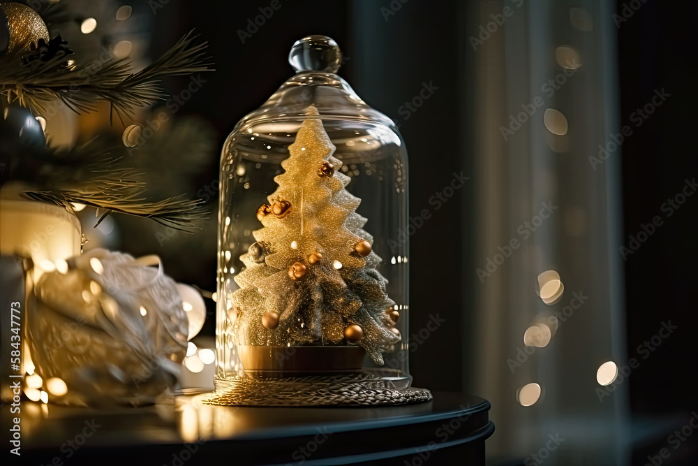 Close-up, Elegant Christmas tree in glass jar decoration. - Generative Ai. festive, holiday, winter, season, celebration, ornament, bauble, sparkle, glitter, shine, shimmer, illumination, reflection. 