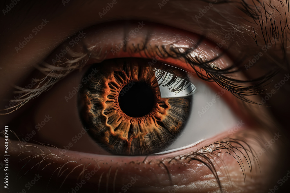 Vision optical concept. Close-up of the human eye, yellow iris pupil looking at camera, front view.. Generative AI