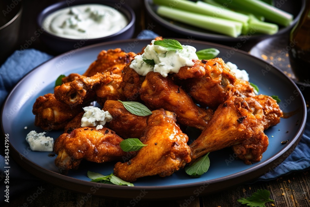 Crispy chicken wings served with blue cheese dressing - food products created with generative AI technology