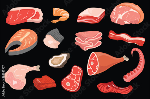 Meat and seafood set concept in the flat cartoon style. Images of different pieces of meat and seafood. Vector illustration.