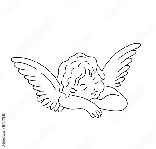 Vector isolated one single sleeping amour angel with pair of wings colorless black and white contour line easy drawing