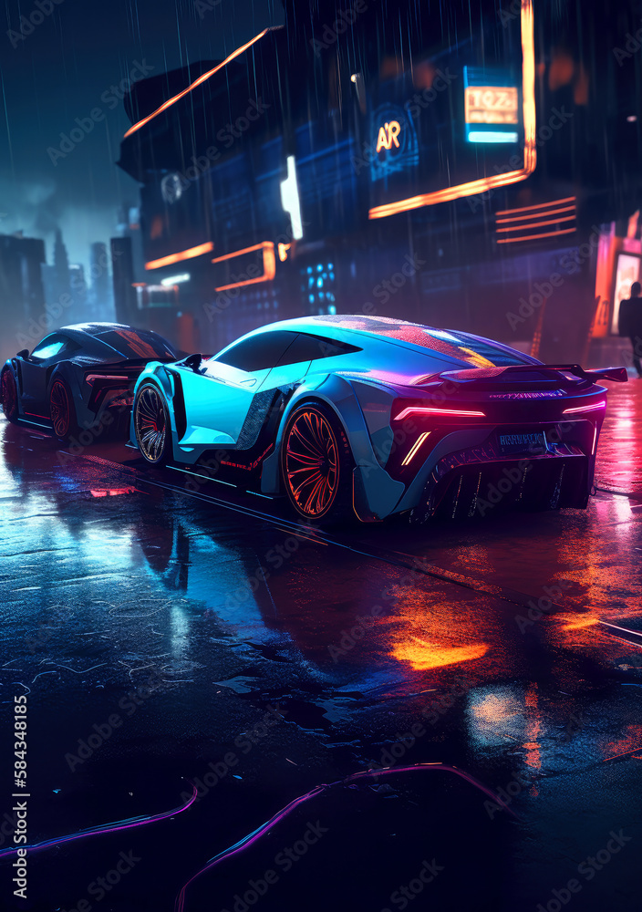 Supersport car  on the street at cyberpunk city illuminated with neon lights. Postproducted Generative AI illustration.