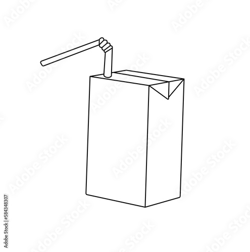 Vector isolated one single cardboard box small juice or milk pack with a straw colorless black and white contour line easy drawing