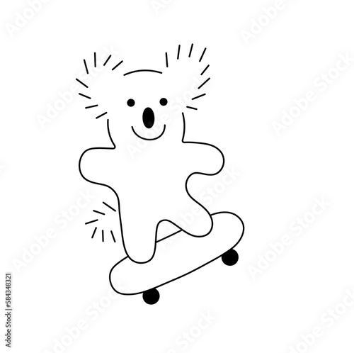 Vector isolated one single cute cartoon funny koala riding skateboard colorless black and white contour line easy drawing photo