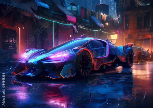 Supersport car on the street at cyberpunk city illuminated with neon lights. Postproducted Generative AI illustration.