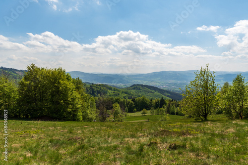 Beautiful view bellow Filipka hill summit in Slezske Beskydy mountains in Czech republic