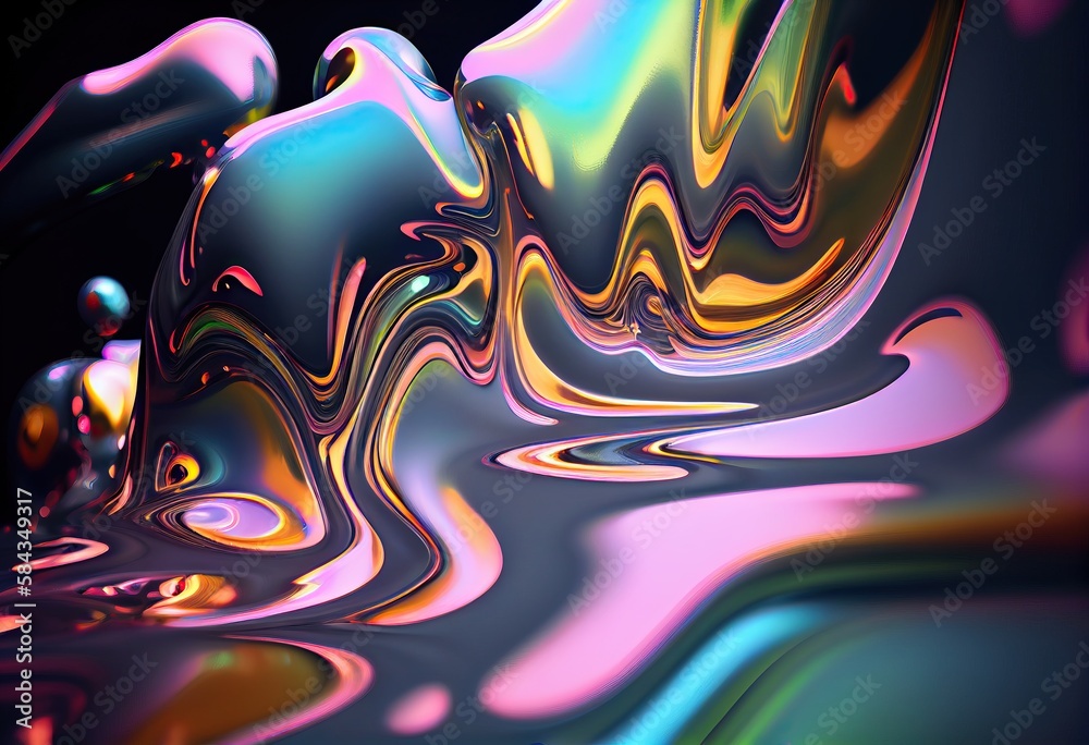 Abstract colorful fluid holographic chromatic 3D render iridescent modern retro futuristic dynamic drops and wave in motion. 