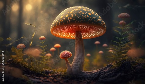 Magic mushroom in the forest. Generative AI.