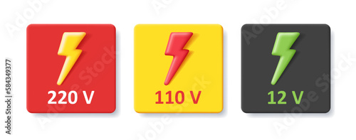 Voltage icon symbol with numbers and Vector bolt lighting 3d icon. Set
