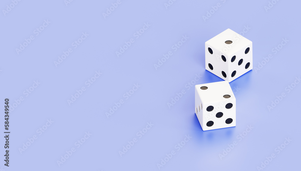 The concept of a game of chance in a composition template. set of white cubes one two. On a sky blue pastel background. cartoon minimal. 3d render illustration The concept of a game of chance in a composition template. set of white cubes one two. On a sky blue pastel background. cartoon minimal. 3d render illustration