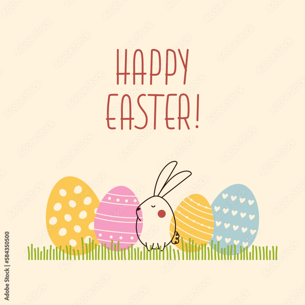 Cute Easter design with bunnies and Easter eggs. Template for Easter cards, banners, textiles. Vector illustration doodles