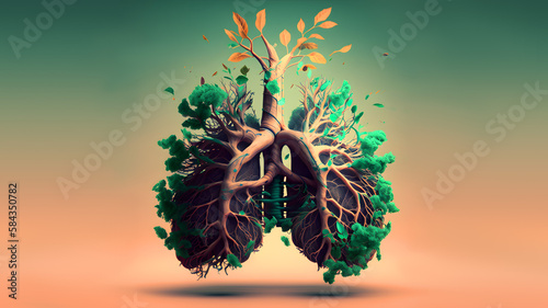 Lungs made from flowers and nature. Air pollution concept. Generative ai