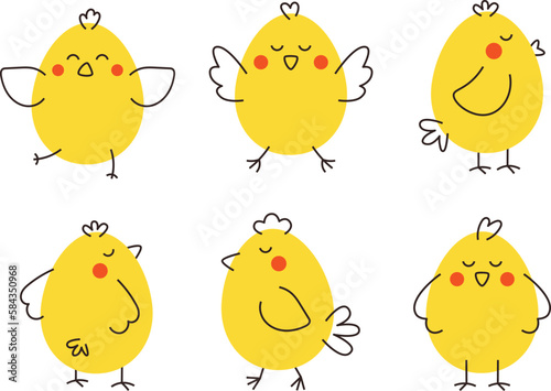Set of yellow abstract chicks with red cheeks. Chicken in different poses
