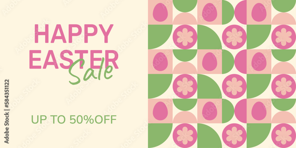 Happy Easter Sale template. 50% off. Colorful creative design with geometric pattern and Easter eggs. Large typography