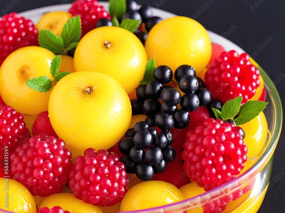 Bowl of fruit balls against a yellow background created with Generative AI. Bowl of fruit balls against a yellow background created with Generative AI.