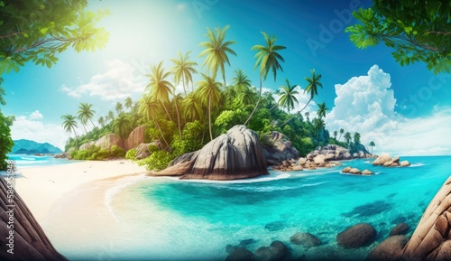 Beautiful tropical island with palm trees and beach panorama as background image, Generate Ai