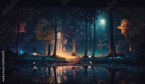 Mystical forest scene at night as digital art  Generate Ai