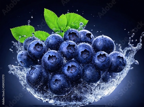 Colorful blueberries fruit splash art created with Generative AI.