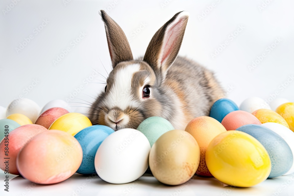 A bunny rabbit with Easter eggs on a white background A bunny rabbit with Easter eggs on a white background