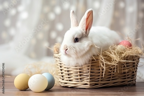 A bunny rabbit in an Easter basket with Easter eggs