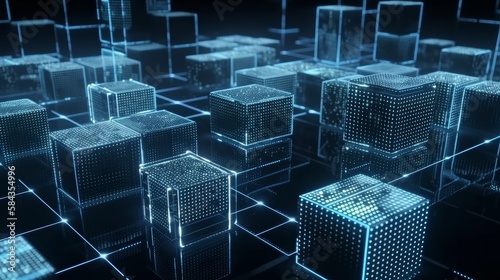 Futuristic blockchain and information technology concept. Interconnected blocks of data depicting a cryptocurrency blockchain. Transferring big data showing data flow (ai generated)