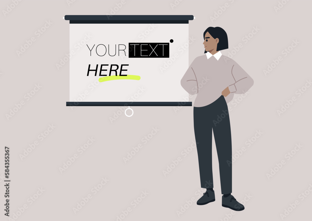 A young female Caucasian character pointing at a video projector screen, copy space, your text here