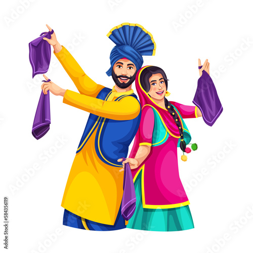 Vector illustration of celebration of Punjabi festival Baisakhi. Illustration of Sikh Punjabi couple dancing folk dance bhangra on holiday like Lohri or Baisakhi.