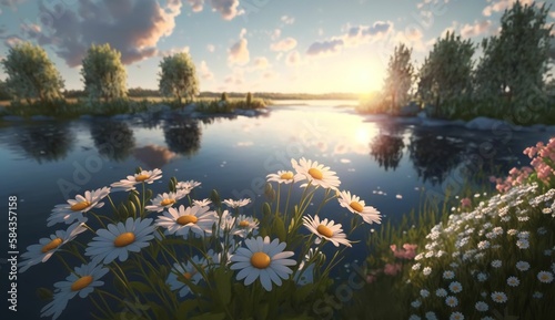 sunset over lake with daisy flowers in the garden © WickedLC