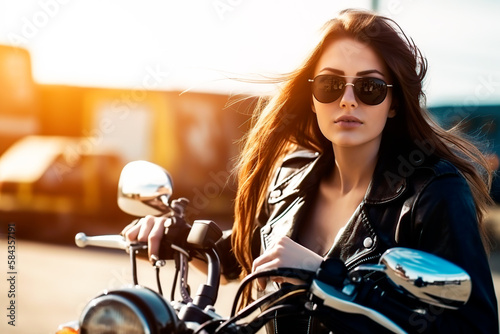 brunette biker girl at sunset. generated by AI