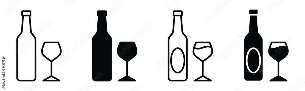 Glasses and bottle icons vector set. Wine glass bottle icon symbol in line and flat style. Alcohol Liquor, beverages, bar, beer. Vector illustration Glasses and bottle icons vector set. Wine glass bottle icon symbol in line and flat style. Alcohol Liquor, beverages, bar, beer. Vector illustration