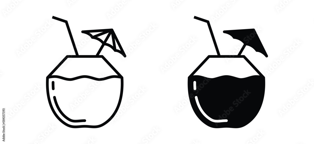 Fototapeta premium Coconut drink icon vector. Drinking fresh coconut on the beach sign and symbol in line and flat style. Vector illustration