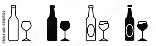 Glasses and bottle icons vector set. Wine glass bottle icon symbol in line and flat style. Alcohol Liquor, beverages, bar, beer. Vector illustration