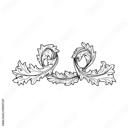 Vintage ink hand drawing leaf  acanthus ribbon 