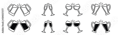 Cheers mugs, beer, champagne, wine icons vector set. Clang two glasses or toast sign and symbol in line ad flat style. Vector illustration