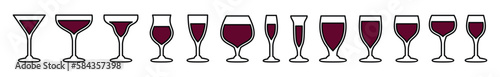 Drink glasses icons vector set. Alcohol glass types with editable stroke. Alcoholic cocktail glass icon sign and symbol in line and flat style. Liquor, beverages, bar, beer. Vector illustration