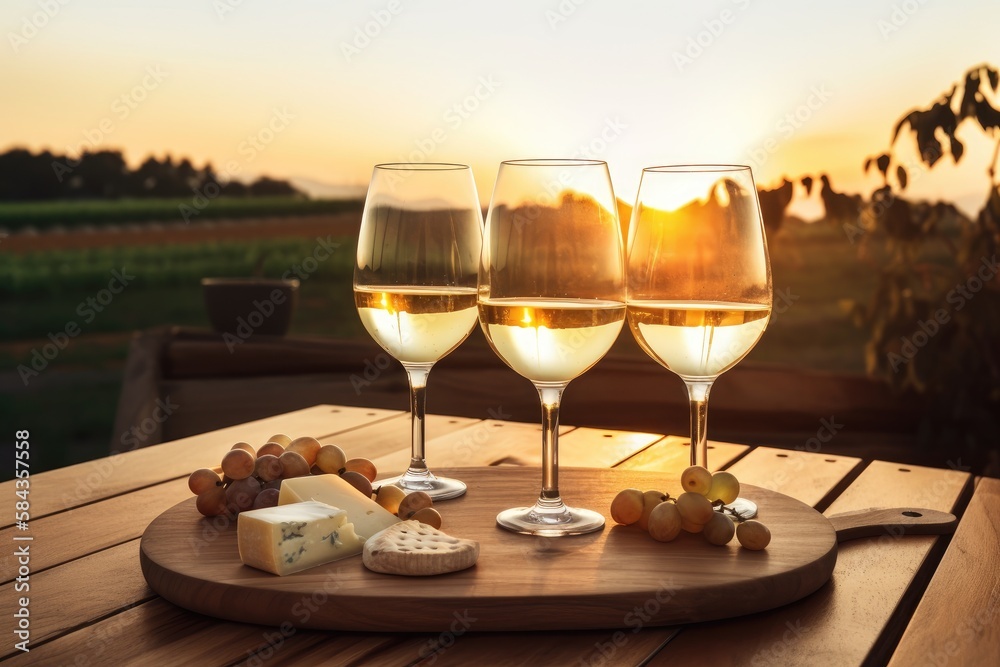 Two glass of Wine or Champagne  on dinning table during sunset without people.  Generative ai
