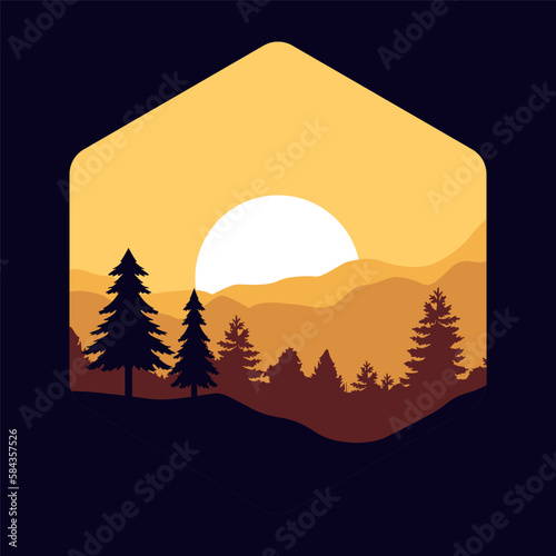 vector forest background at sunset in brown tones mountains landscape