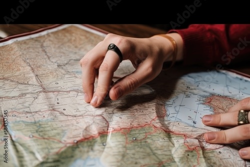 Close up of a hand pointing on a map, planning for travel.