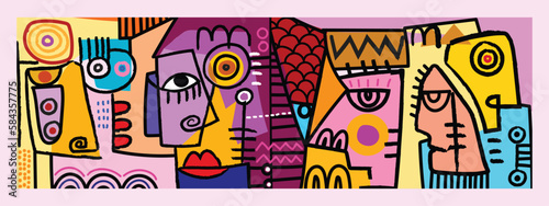 Set of colorful abstract face, decorative, line art, doodles hand drawn vector illustration.