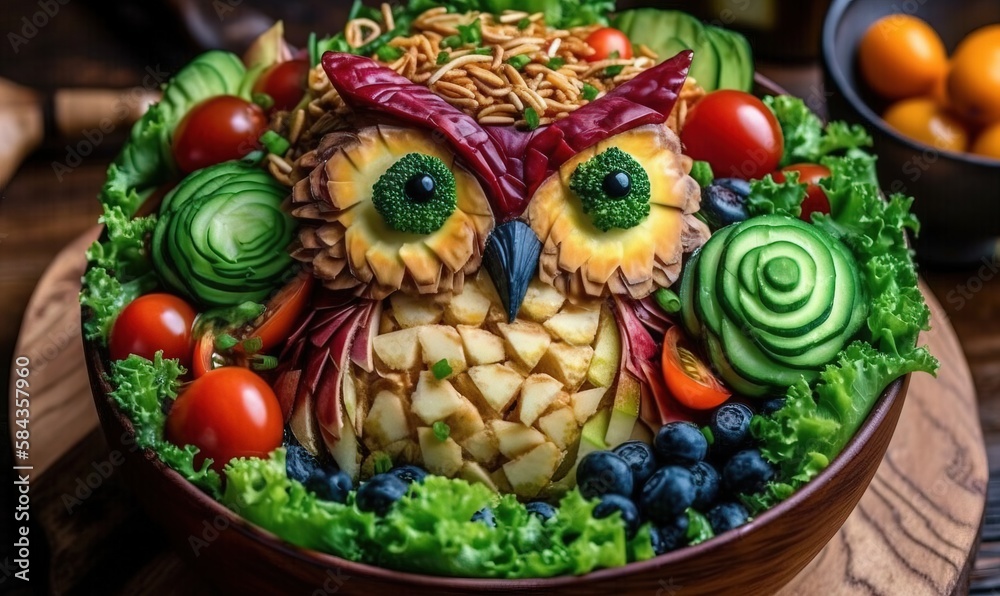  a bowl of food with an owl made of fruits and vegetables.  generative ai