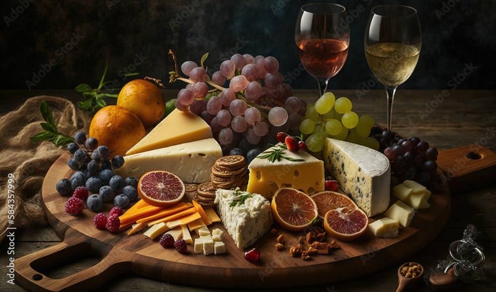  a wooden platter filled with cheese, fruit and wine.  generative ai
